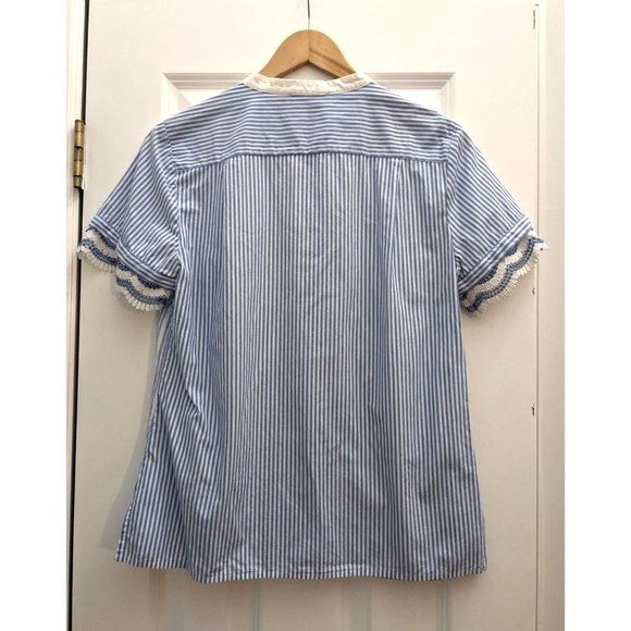 Authentic KARL LAGERFELD PARIS Blue Striped Cotton Blouse w/ Lace Sleeves Size S - Picture 8 of 8